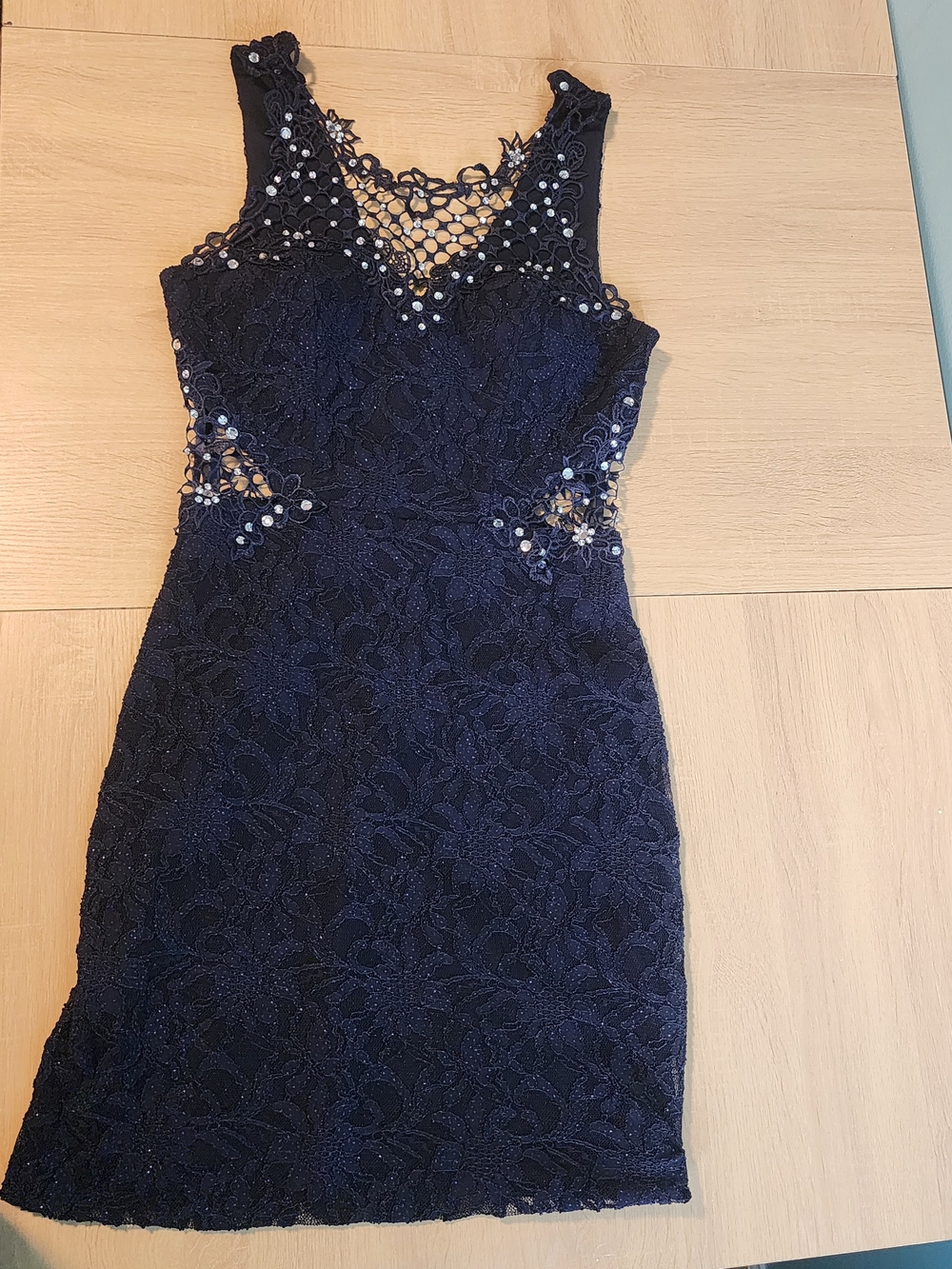 Jodi Kristopher Navy Lace Midi Dress with Embellished Crochet Neckline